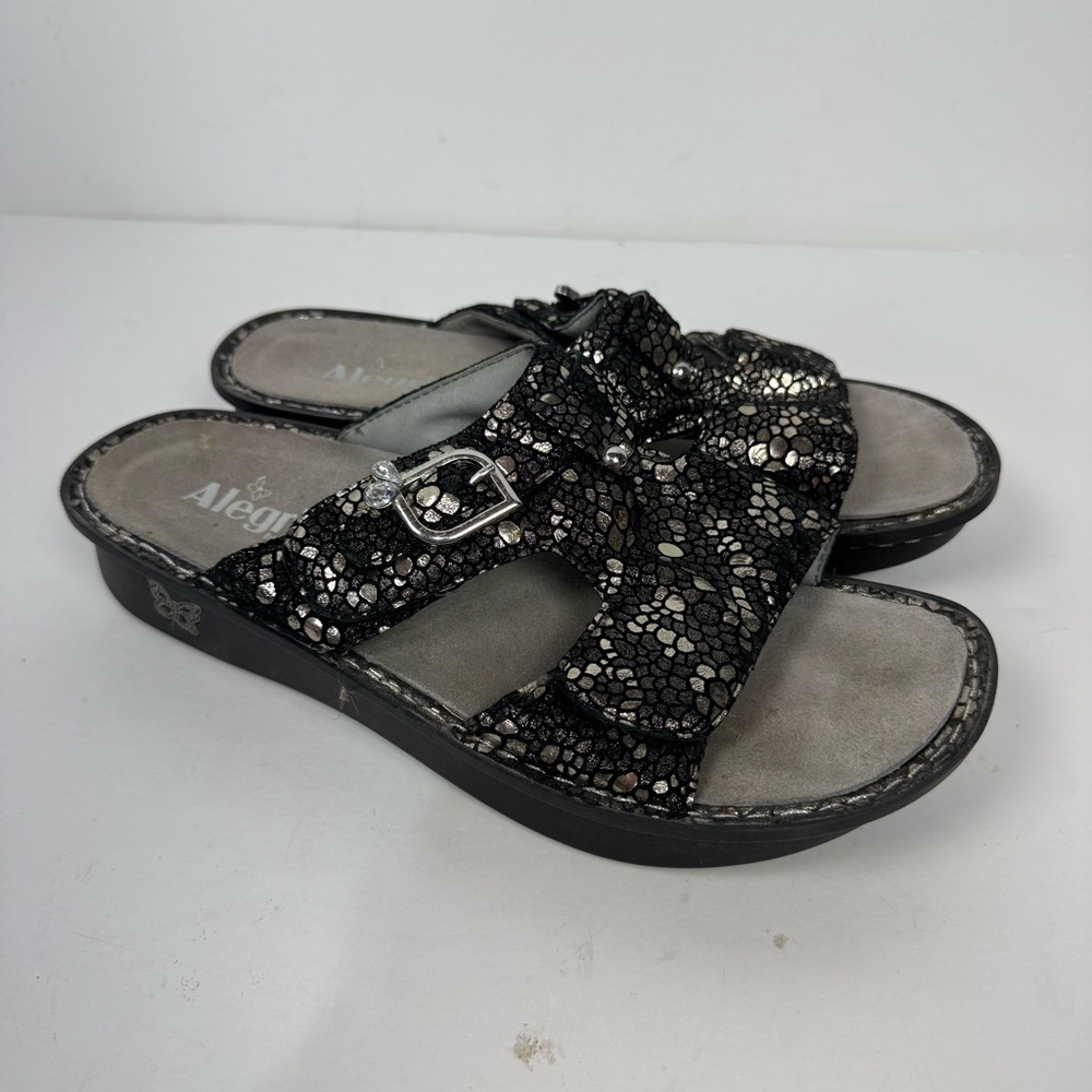 Alegria Peg Leather Open Toe Sandals Summer Shoes Black Silver
